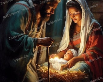 Light of the World, AI Art, Christian, Faith, Christmas, Jesus, Joseph, Mary, Christ, Stars, Digital Downloadable, Instant PNG Download