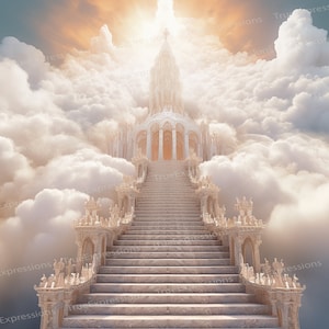 Kingdom of Heaven, AI Art, Christian, Funeral, Heaven, White, Stairs, Throne, Memorial, Backdrop Digital Downloadable, Instant PNG Download