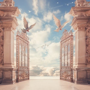 Rose Gold Memorial II, AI Art, Christian, Funérailles, Fleurs, Nuages, Rose, Blanc, Ciel, Portes, Téléchargeable numérique, Téléchargement PNG instantané