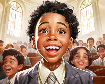 Children in Church, Printable AI, Young Black Boy and Diverse Group, Christian, Clipart, Digital Downloadable, Instant PNG Download