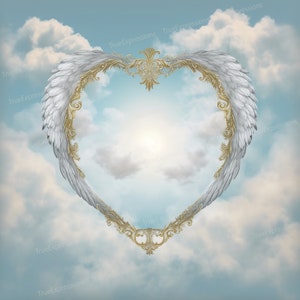 May include: A heart-shaped frame made of gold and white angel wings against a blue sky with white clouds. The frame is ornate and detailed, with a sun shining through the center.