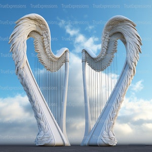 Forever Praise II, AI Art, Christian, Funeral, Harp, Wings, Blue, Heaven, Memorial, Sympathy, Digital Downloadable, Instant PNG Download
