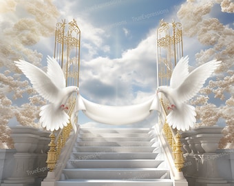 Stair Step to Heaven, AI Art, Christian, Funeral, Blue, Heaven, Memorial, Doves, Background Digital Downloadable, Instant PNG Download