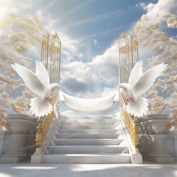 Stair Step to Heaven, AI Art, Christian, Funeral, Blue, Heaven, Memorial, Doves, Background Digital Downloadable, Instant PNG Download