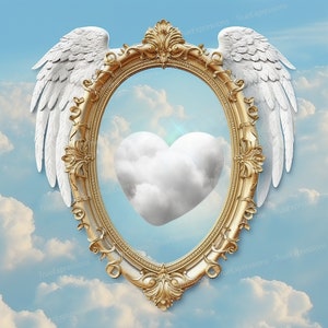 Engelflügel Rahmen II, AI Art, Christlich, Wolken, blau, weiß, Himmel, Gold, Foto, Denkmal, digital herunterladbar, Sofortiger PNG-Download