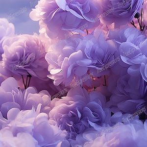 Fleurs commémoratives, art IA, arrière-plan, nuages, lavande, violet, paradis, fleurs, vertical numérique téléchargeable, téléchargement PNG instantané