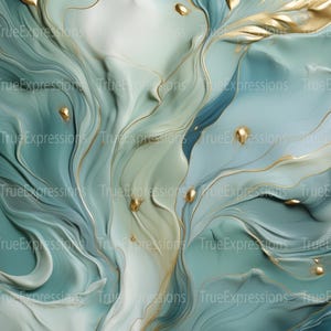May include: Abstract art print featuring swirling blue and green paint with gold accents. The colors are reminiscent of water and nature.