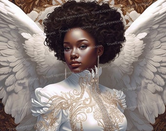 Melanin Angel IV, AI Art, Christian, Faith, Angel Black, Wings in Church Digital Downloadable, Instant PNG Download
