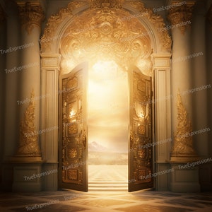 Eeuwig huis, AI-kunst, christelijk, geloof, begrafenis, deuren, goud, hemel, gedenkteken, sympathie, digitaal downloadbaar, Instant PNG-download