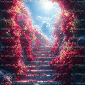 Eternal Bloom, Art IA, chrétien, funérailles, fleurs rouges, escaliers, ciel bleu, paradis, numérique téléchargeable, téléchargement PNG instantané