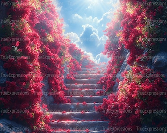Red Flowers on Stairs AI Art Print: Christian Funeral Remembrance (PNG Download)