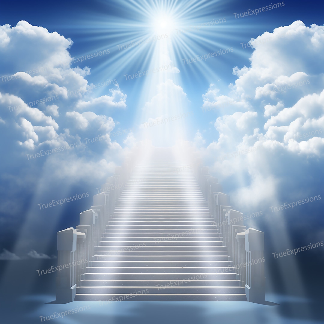 Heavenly Background XV, AI Art, Christian, Funeral, Stairs, Blue, White ...