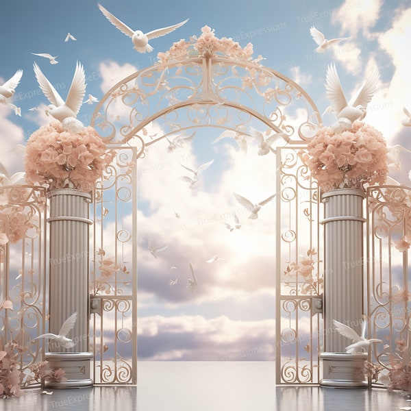 Memorial Rose, AI Art, Christian, Funeral, Flowers, Clouds, Pink, White, Heaven, Rose Gold Gates, Digital Downloadable, Instant PNG Download