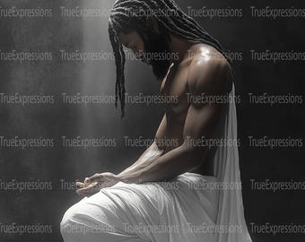 AI Jesus Portrait: Christian Art, Black, Praying (PNG Download)