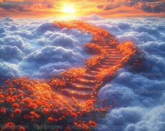 Stairway to Heaven AI Art Print: Orange Roses, Sunset Clouds (PNG Download)