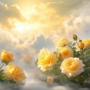 Roses jaunes, AI Art, Christian, Funérailles, Nuages, Blanc, Jaune, Ciel, Fleurs, Téléchargeable numérique, Téléchargement PNG instantané
