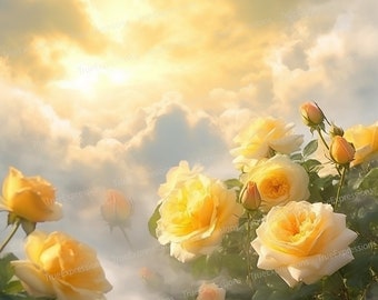 Yellow Roses, AI Art, Christian, Funeral, Clouds, White, Yellow, Heaven, Flowers, Digital Downloadable, Instant PNG Download