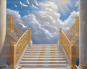 Heavenly Home V, Christian, Clouds, Stairs, Yellow, Doves, Memorial, Funeral, Background, AI Art Digital Downloadable, Instant PNG Download