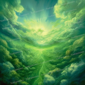 Hemels groen, AI-kunst, christelijk, begrafenis, wolken, groen, hemel, gedenkteken, achtergrond digitaal downloadbaar, instant PNG downloaden