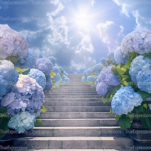 Memorial Hortensias II, AI Art, Christian, Funérailles, Blanc, Bleu, Lavande, Ciel, Fleurs, Téléchargeable numérique, Téléchargement PNG instantané