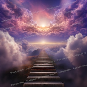 Purple Memorial II, AI Art, Christian, Funérailles, Violet, Marron, Nuages, Fleurs, Escaliers, Ciel, Téléchargeable numérique, Téléchargement PNG instantané