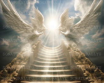 Angelic Wings, AI Art, Christian, Funeral, Heaven Wings, White, Brown Stairs, Memorial, Backdrop Digital Downloadable, Instant PNG Download