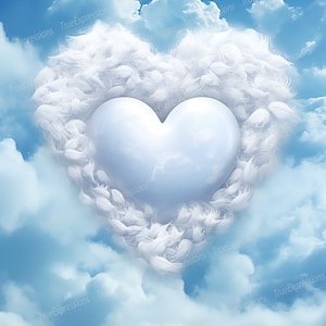 Em nossos corações II, arte AI, cristão, nuvens, azul, branco, céu, moldura de penas, foto, memorial, download digital, download instantâneo PNG