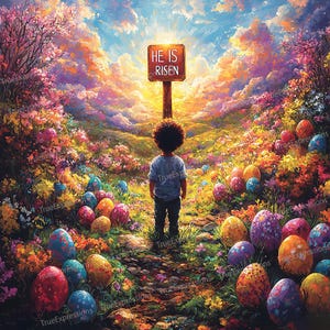 復活 II、イースター、卵、白、ピンク、紫の花、子供の復活の日曜日、イエス、AI デジタルダウンロード可能、インスタント PNG ダウンロード