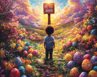 Risen Jesus Easter Eggs AI Art: Child Resurrection Sunday (PNG Download)