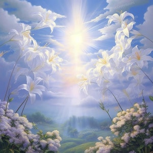 Matin dans la gloire, AI Art, Christian, Funérailles, Nuages, Bleu, Lys, Fleurs, Ciel, Fleurs, Téléchargeable numérique, Téléchargement PNG instantané