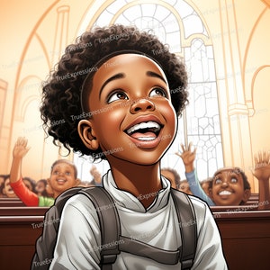 Students of the Word, AI, Young Black Girl and Children in Church, Christian, Clipart, Printable, Digital Downloadable, Instant PNG Download