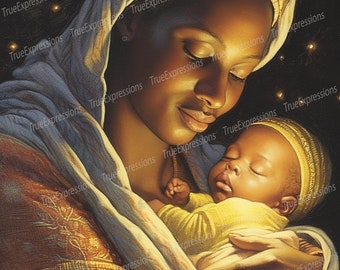 A Savior is Born II, AI Art, Christian, Faith, Christmas, Mother, Jesus, Christ, Stars, Digital Downloadable, Instant PNG Download