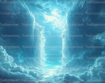 Heavenly Blue III, Blue Clouds with Wings Entrance, Christian, Memorial, White, Background AI Art,  Downloadable, Instant PNG Download