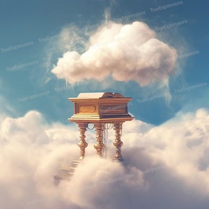 労働から報酬へ II、AI アート、キリスト教、葬儀、説教壇、聖書、青、白い雲、記念碑、デジタルダウンロード可能、インスタント PNG ダウンロード