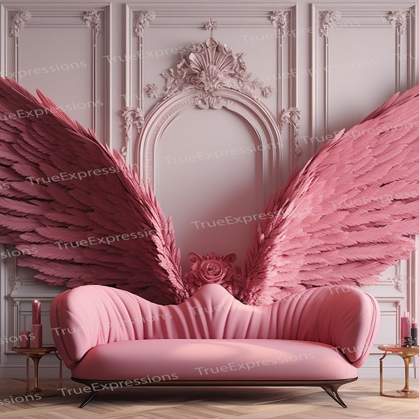 Pink Angel Wing Mansion, AI Art, Christian, Heaven, Pink, Beige, Windows, Backdrop, Angel Wings, Digital Downloadable, Instant PNG Download