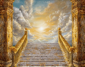 Heavenly Home XV, Christian, Clouds, Stairs, Yellow, Memorial, Funeral, Background, AI Art Digital Downloadable, Instant PNG Download