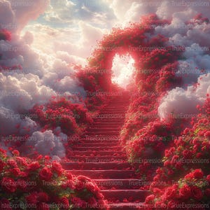 Eternal Bloom III, AI Art, chrétien, roses rouges, escaliers, ciel bleu, funérailles, paradis, numérique téléchargeable, téléchargement PNG instantané