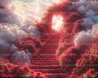 Red Roses Stairway to Heaven AI Art Print (PNG Download)