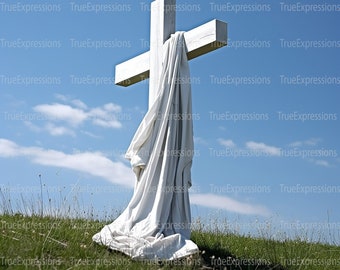 Cross Draped in White, Cross with White Scarf, Easter, Resurrection Sunday, Christian, Jesus, AI Digital Downloadable, Instant PNG Download