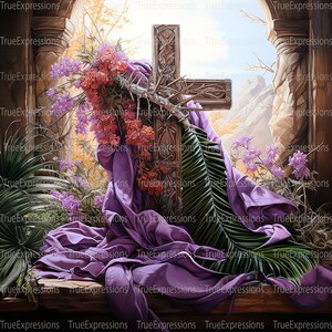 Karwoche, Ostern, Auferstehungssonntag, christlich, Glaube, Jesus, Kreuz, Krone, lila, AI digital herunterladbar, sofortiger PNG Download