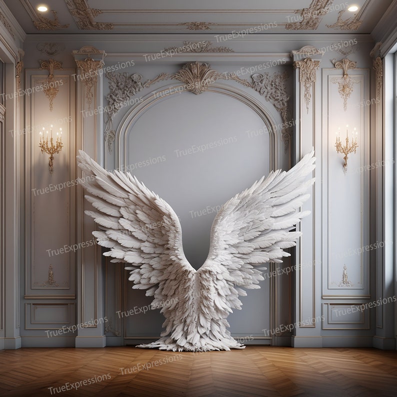 Angel Wings Mansion, AI Art, Christian, Backdrop, Mansion, White, Windows, Heaven, Angel Wings, Digital Downloadable, Instant PNG Download image 1