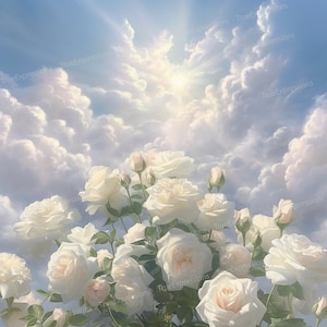Hemelse witte rozen, AI-kunst, christelijk, begrafenis, wit, rozen, hemel, bloemen, digitaal downloadbaar, Instant PNG downloaden