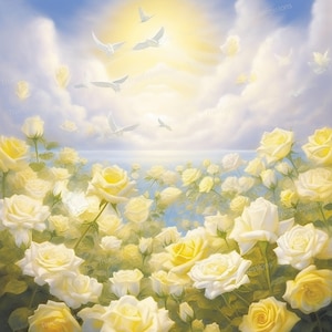 Fond de rose jaune, AI Art, chrétien, funérailles, nuages, colombes, roses, fleurs, ciel, téléchargeable numérique, téléchargement PNG instantané