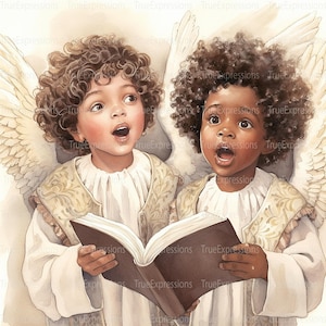 May include: Watercolor illustration of two young children dressed as angels, singing from a book. They have curly hair and are wearing white robes with gold accents. Large white wings are visible behind them.