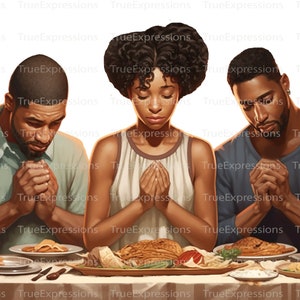 Wir segnen dieses Essen II, AI Art, christlich, Glaube, schwarze Familie, die am Tisch betet, Kindernahrung, digital herunterladbar, sofortiger PNG-Download