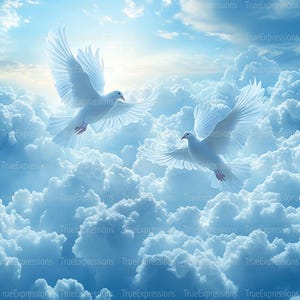 May include: Two white doves fly against a backdrop of fluffy white clouds in a bright blue sky.