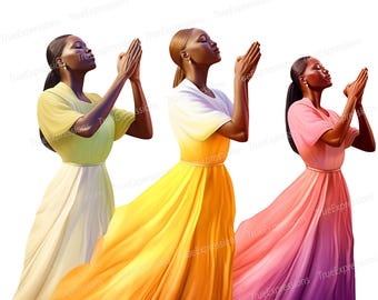 Praise the Lord Art: Christian Women Praying, Colorful Dresses (PNG Download)