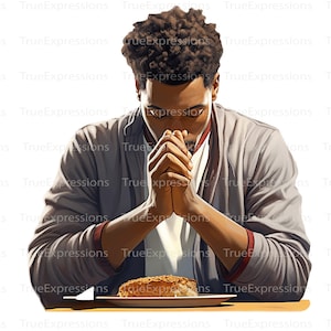 Segnen Sie dieses Essen IV, AI Art, Christian, Glaube, Junge betet am Tisch, Kind Essen digital herunterladbar, Sofortiger PNG Download