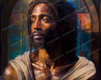 May include: A close-up portrait of a person with dark skin and long, dark hair. The person is looking off to the side, and their expression is thoughtful. The person is wearing a light brown garment, and the background is a stained glass window.