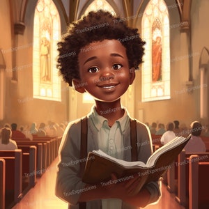 Student van het Woord IV, AI Art, Christian, Faith, Black Boy, Kerk, Kinderen, Bijbel, Digitaal downloadbaar, Instant PNG Download